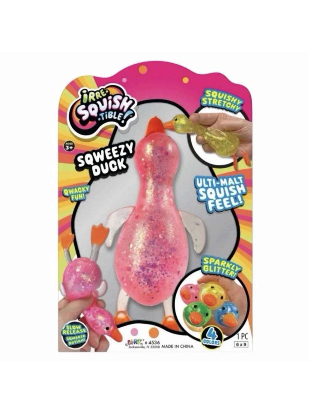JA-RU Pink Glitter Squeezy Duck Stretchy Fidget Toy